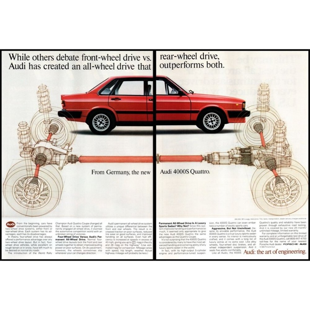 1984 Audi 4000S Quattro Sports Sedan 2 Page Vintage Print Ad Suspension Wall Art